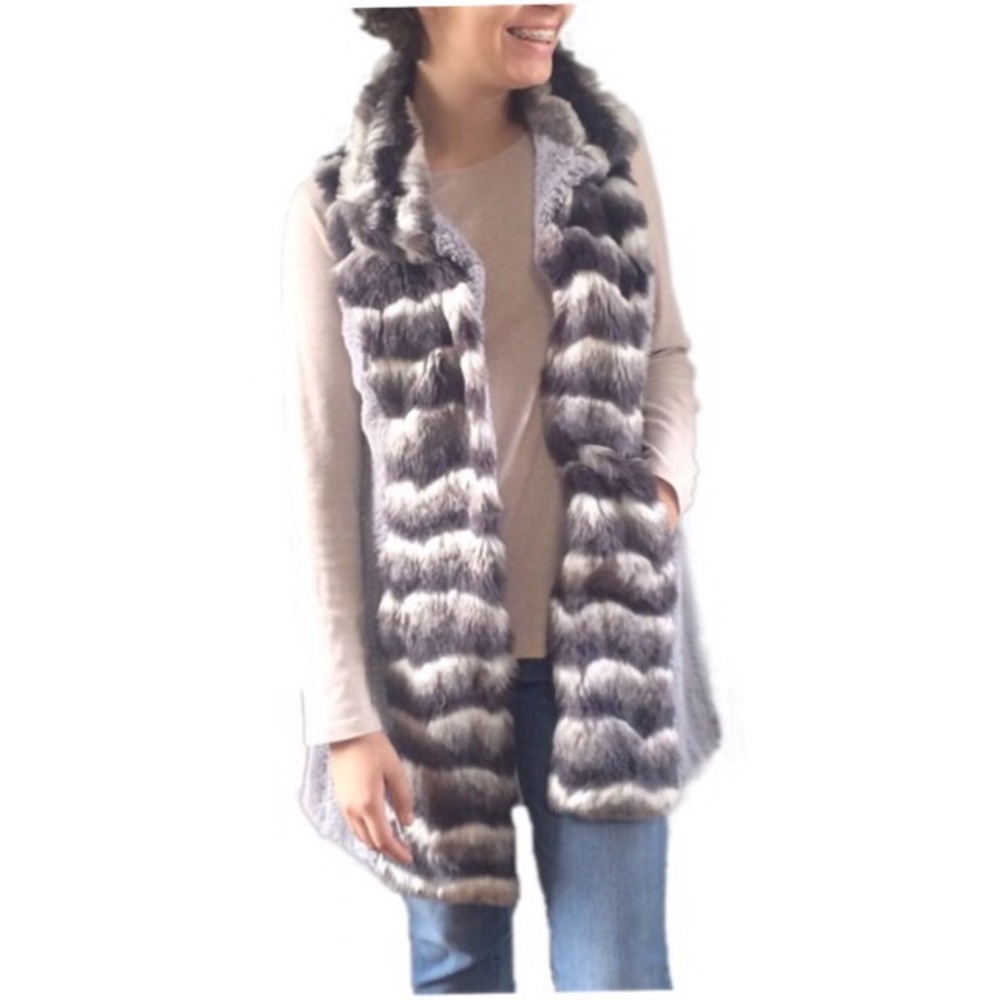 Cirana Faux Fur Long Open Vest Black Gray White S